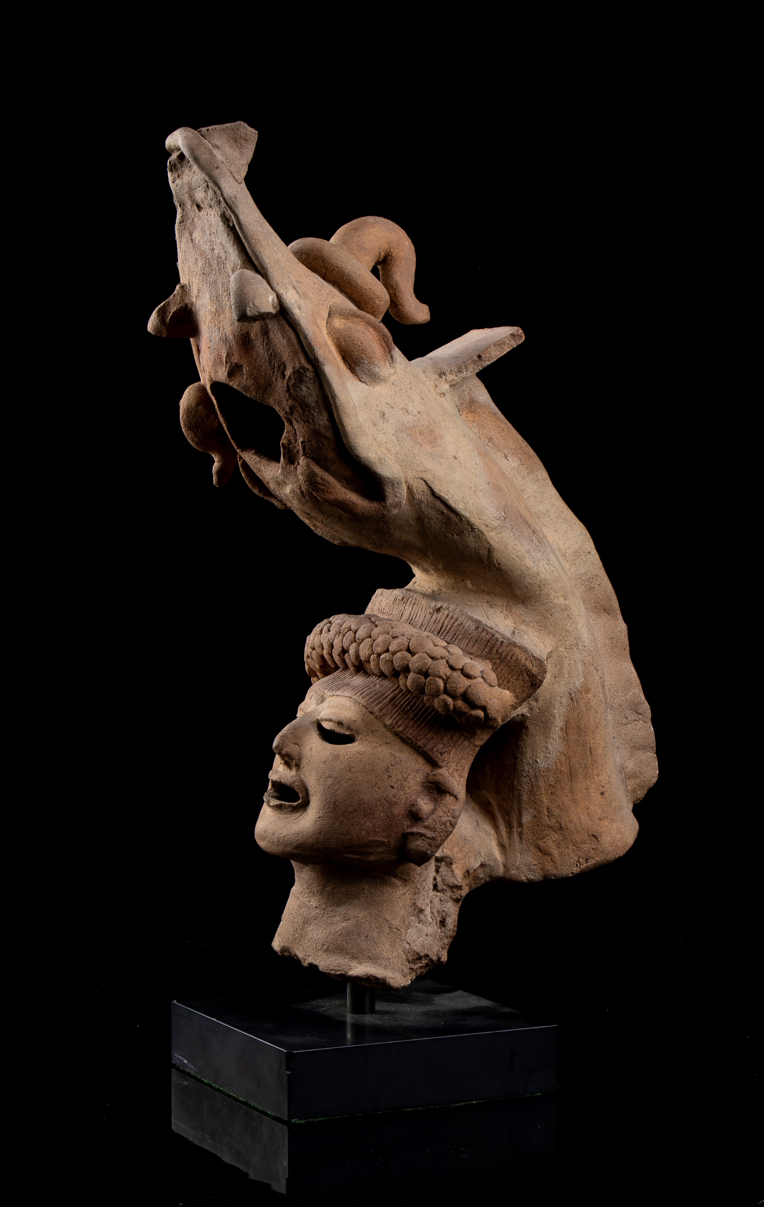 Testa di Guerriero con Copricapo a Serpente in Terracotta