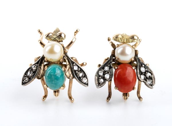 Diamond pearl coral amazonite pair of insect-shaped gold and silver brooches 
