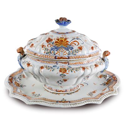 Zuppiera con Vassoio in Ceramica Policroma,