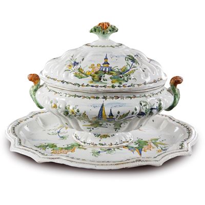 Zuppiera con Vassoio in Ceramica Policroma