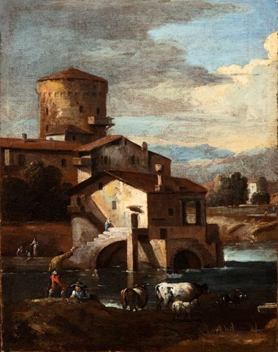Paesaggio con Case, Torrione, Corso D'acqua e Figure