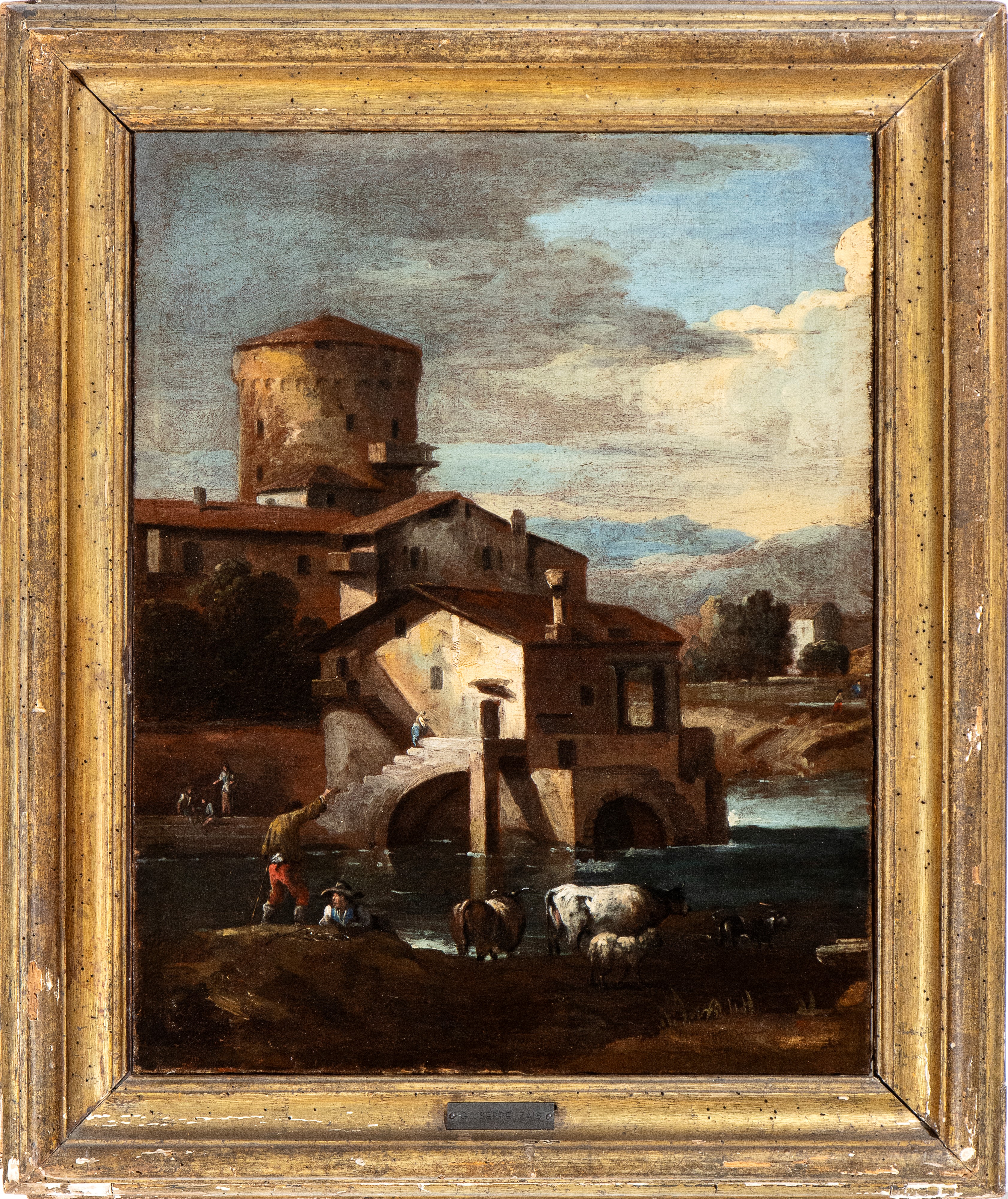 Giuseppe Zais - Paesaggio con Case, Torrione, Corso D'acqua e Figure