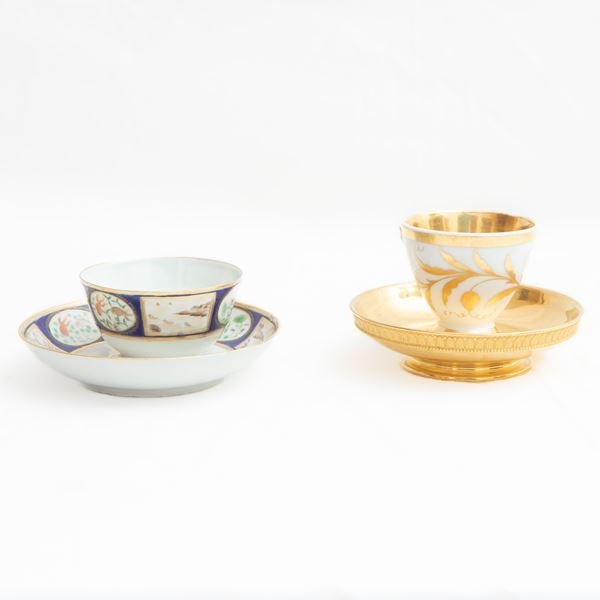 Lot of two polychrome porcelain coffee cups with saucer,