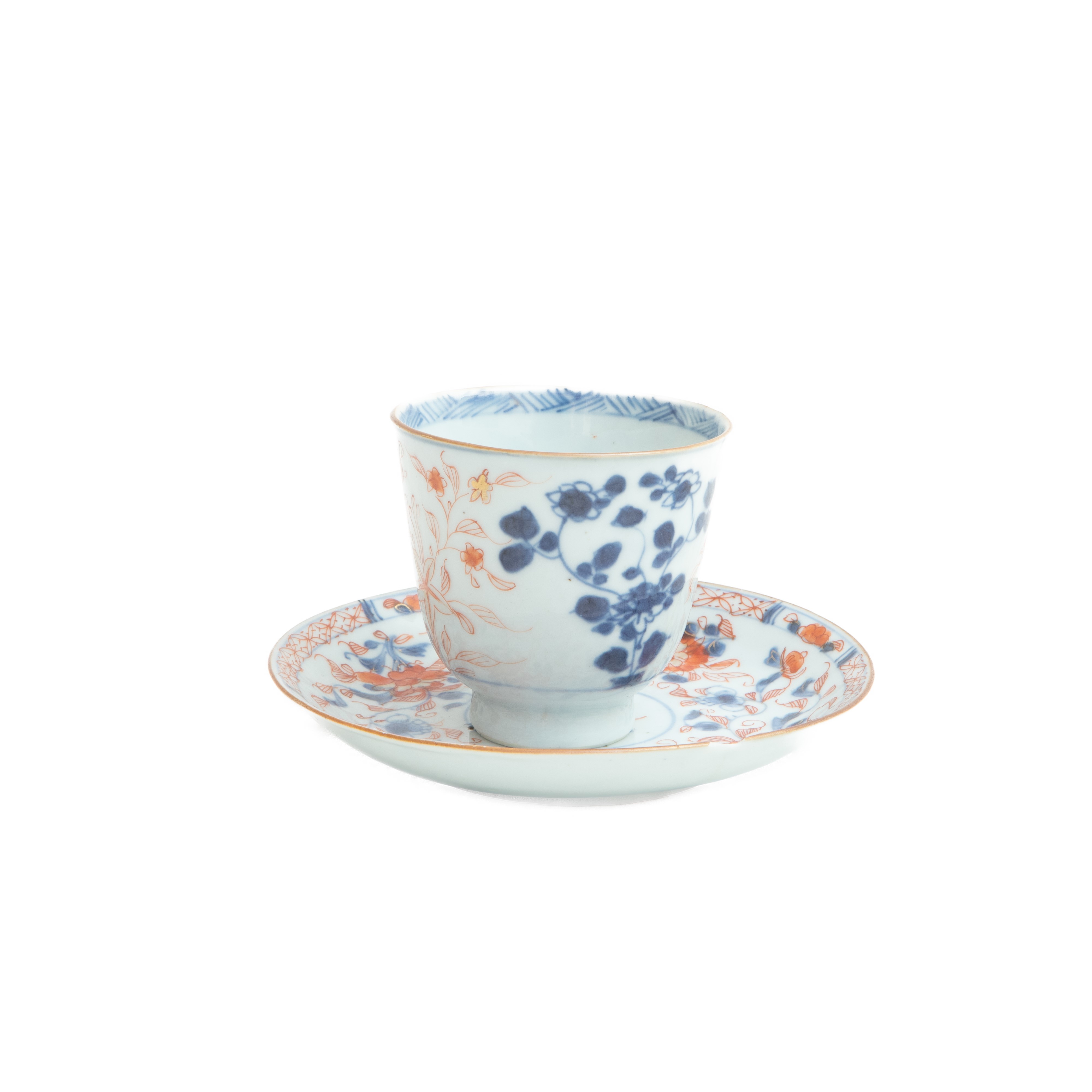 Tazza con Piatto in Porcellana Policroma a Decoro Imari,