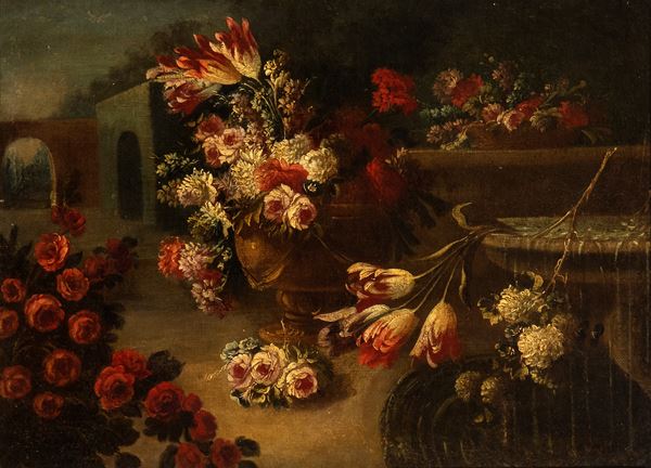 Artista napoletano, prima met&#224; XVIII secolo - Natura morta di rose, tulipani e crisantemi