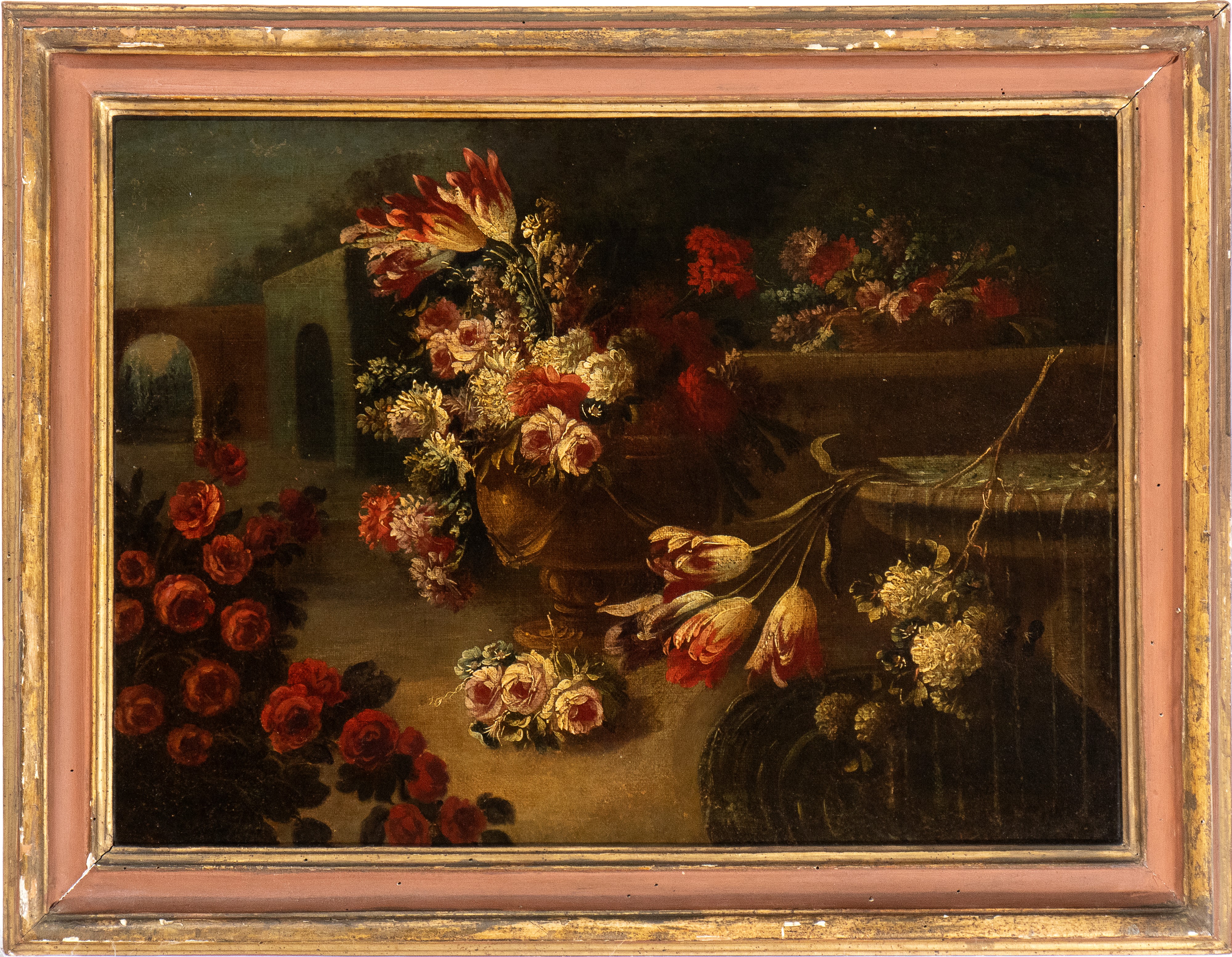 Artista Napoletano, Prima Metà XVIII Secolo - Natura Morta di Rose, Tulipani e Crisantemi