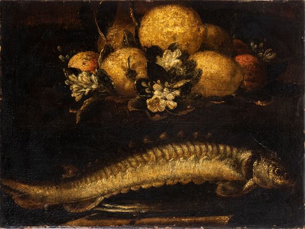 Artista emiliano, seconda met&#224; XVII secolo - Natura morta di pesci e limoni