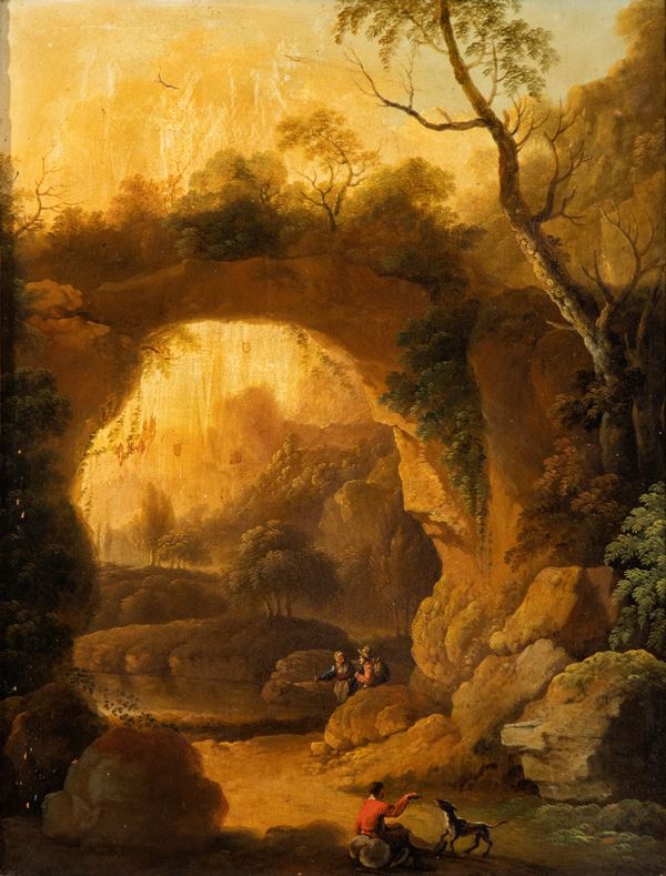 Gaspar  de Witte - Paesaggio con arco di roccia, specchio d'acqua e figure