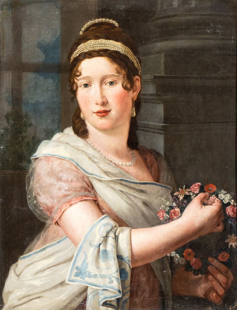 Artista Francese, XIX Secolo - Ritratto di Gentildonna in Veste di Flora