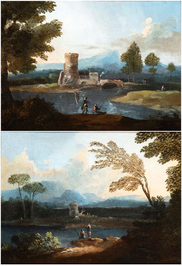 Paolo Anesi - a) Paesaggio con fiume, ponte e due pescatori; b) Paesaggio con fiume, torrione e due pescatori. Coppia di dipinti 