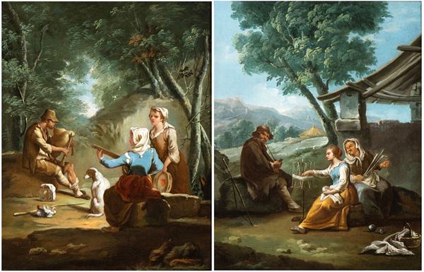 Paolo Monaldi - a) Paesaggio con concerto di contadini; b) Paesaggio con contadini a lavoro. Coppia di dipinti.