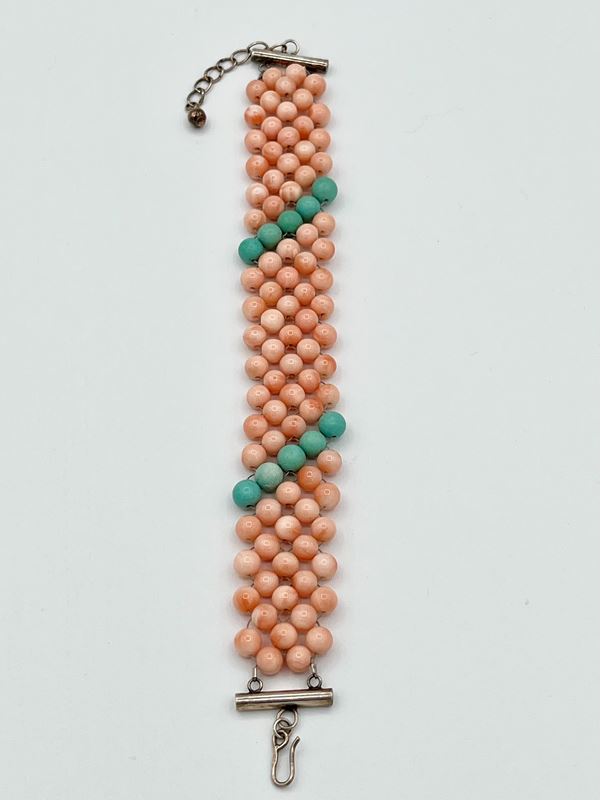 Coral turquoise silver woven bracelet 