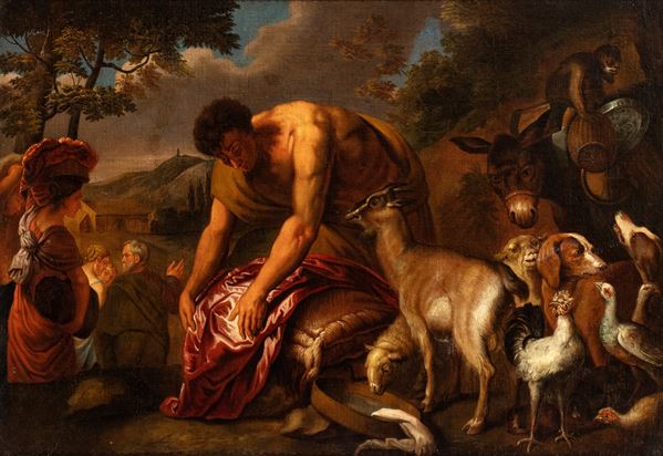 Artista genovese, XVII secolo - Abramo e la sua famiglia partono per Canaan