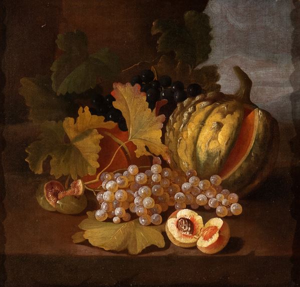 Carlo Lanfranchi - Natura morta di zucca, uva, pesche e fichi