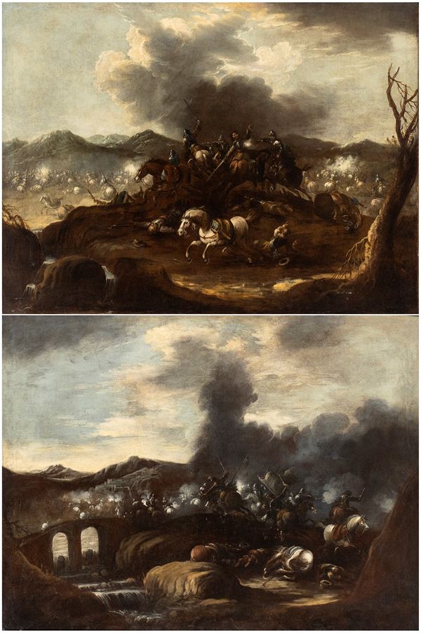 Ciriaco Parmigiani - a) Scontro di cavallerie in campo aperto; b) scontro di cavallerie nei pressi di un ponte. Coppia di dipinti