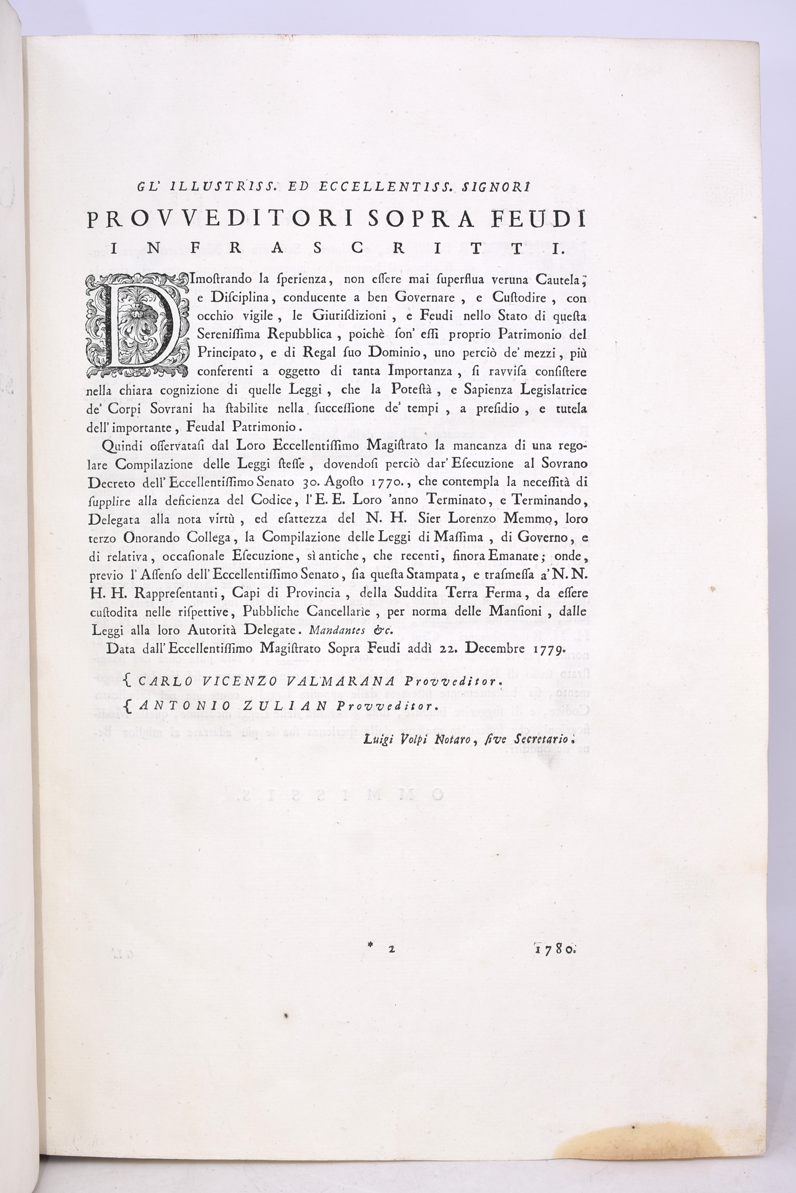 “codice Feudale della Serenissima Repubblica di Venezia “ per i Fiflioli di Z. Antonio Pinelli St...