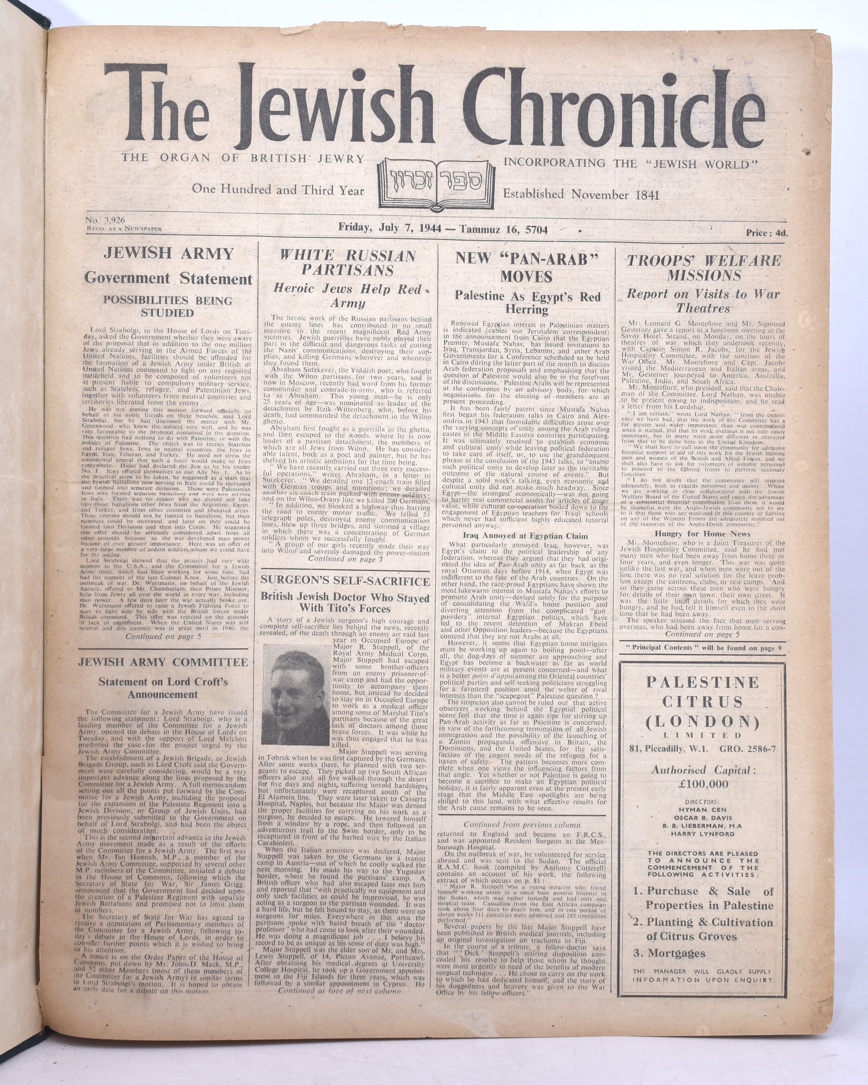 The Jewish Chronicle July – Dec 1944 The Organ Of British Jewry Incorporating The “jewish World” ...