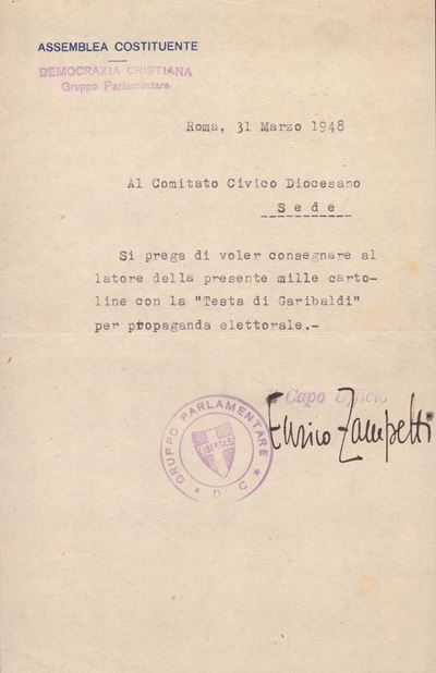 Lettera "assemblea Costituente" D.C. a Firma Enrico Zampetti