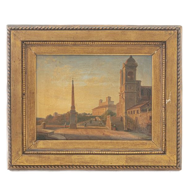 GIUSEPPE VISONE : Veduta di villa Medici da Trinità dei Monti  - dipinto olio su tela - Asta Smart Auction: arredi, dipinti, sculture, argenti e altro a prezzi vantaggiosi - Bertolami Fine Art - Casa d'Aste