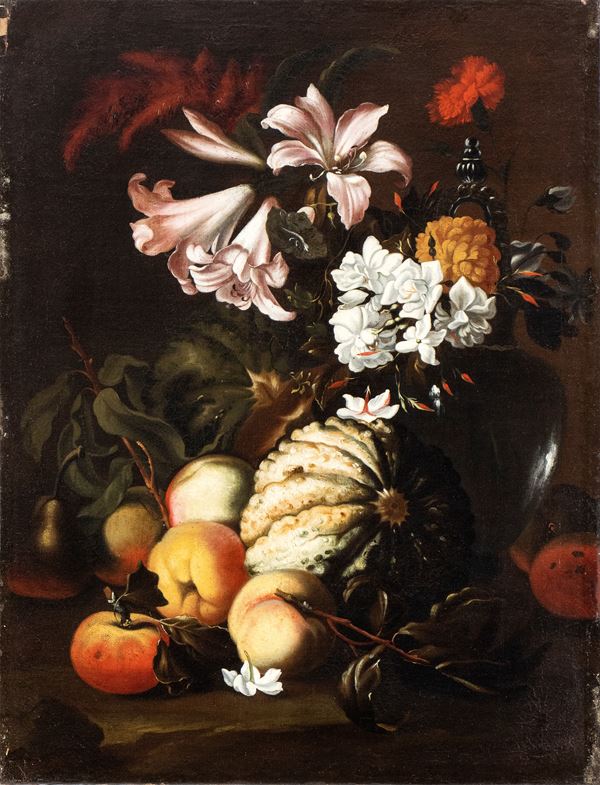 Abraham  Brueghel - Still life with pumpkin, peaches and carnations, hyacinths and lilies in a pitcher