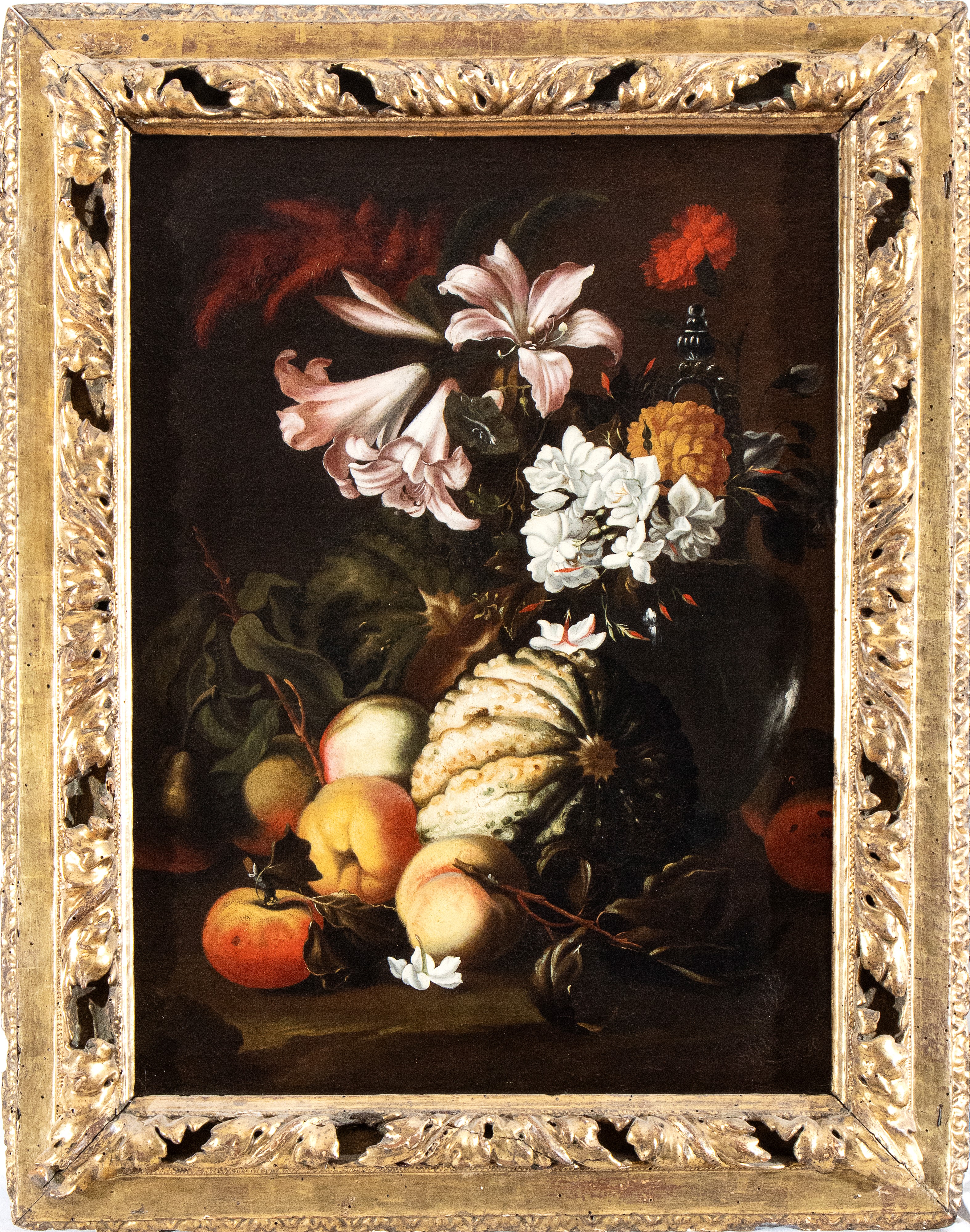 Abraham Brueghel - Natura Morta con Zucca, Pesche e Garofani, Giacinti e Gigli in una Caraffa