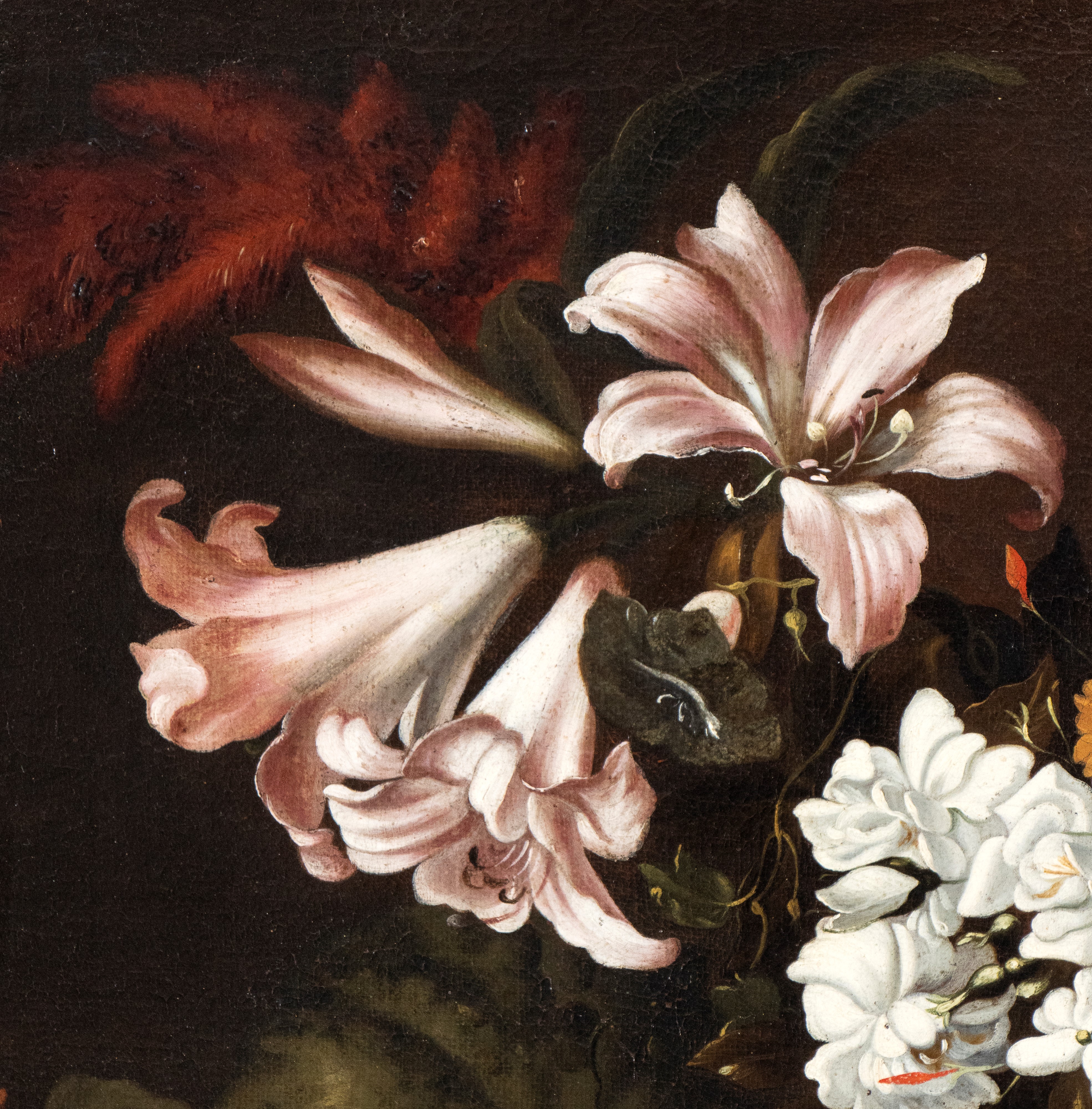Abraham Brueghel - Natura Morta con Zucca, Pesche e Garofani, Giacinti e Gigli in una Caraffa