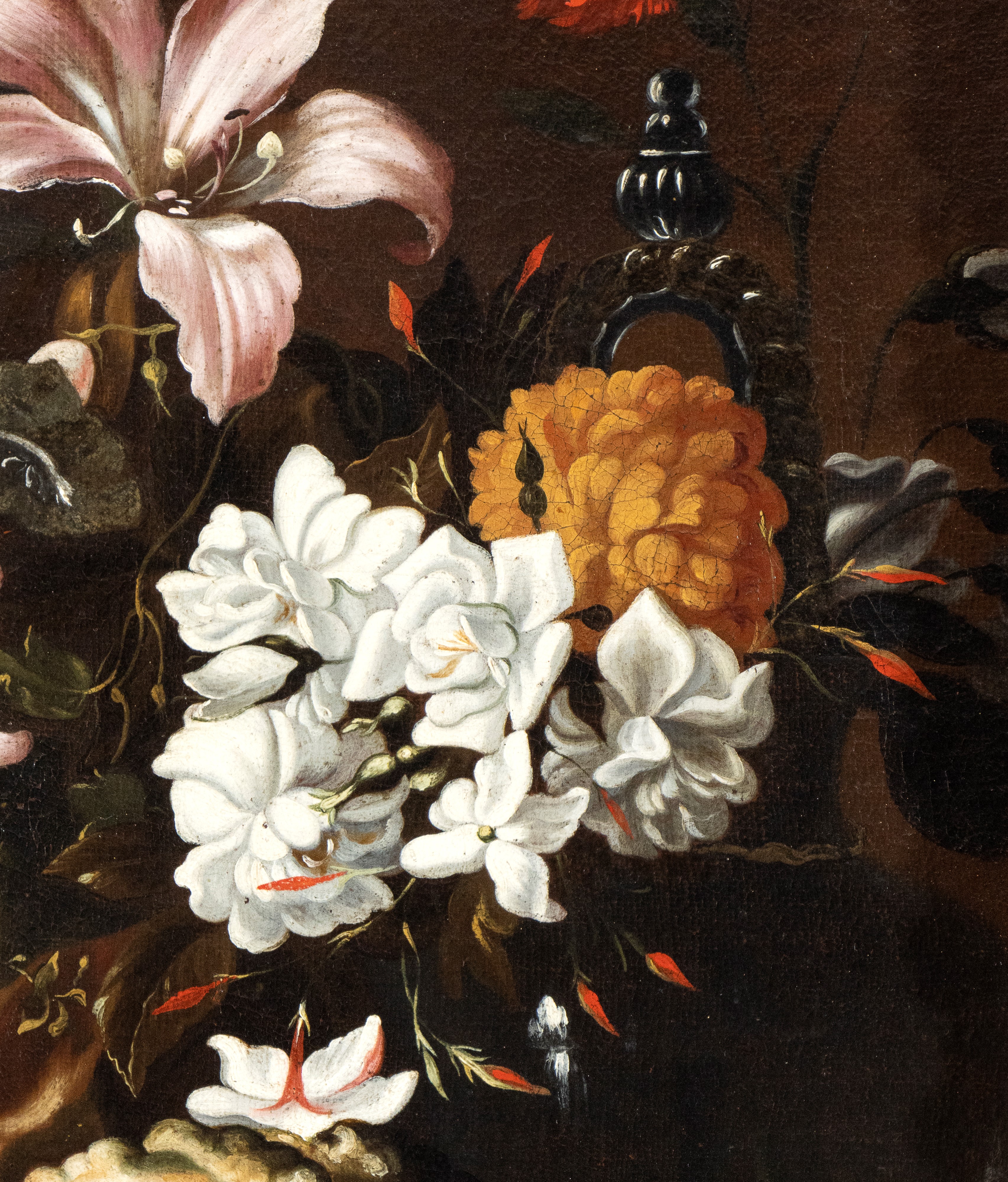 Abraham Brueghel - Natura Morta con Zucca, Pesche e Garofani, Giacinti e Gigli in una Caraffa