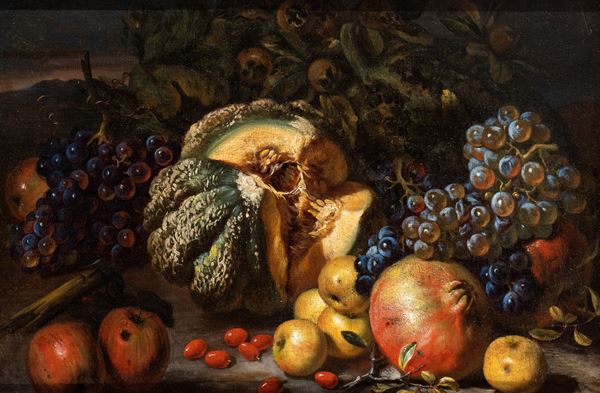 Giovanni Paolo Castelli Lo Spadino - Still life with melon, pomegranates, apples and grapes