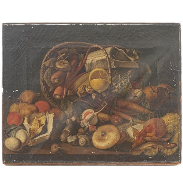 Natura morta con frutta, verdura e lumache  (seconda metà XIX secolo)  - dipinto ad olio su tela - Asta Smart Auction: arredi, dipinti, sculture, argenti e altro a prezzi vantaggiosi - Bertolami Fine Art - Casa d'Aste