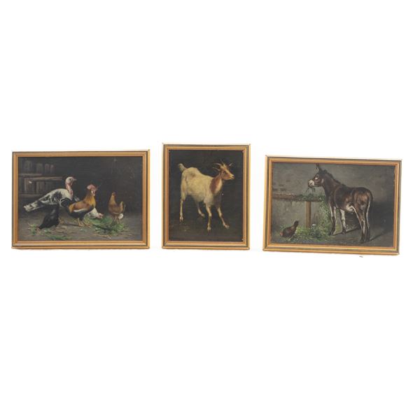 Lot of three paintings: goat, donkey and chickens