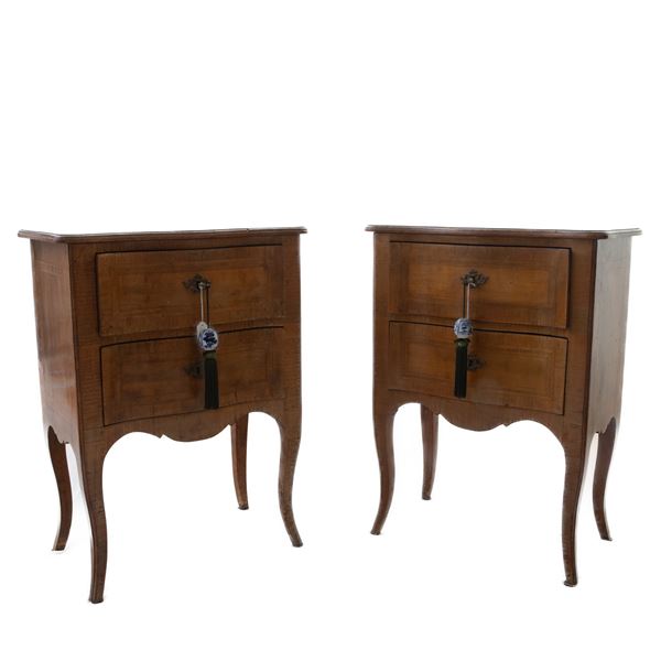 Pair of bedside tables with two drawers in walnut and walnut root