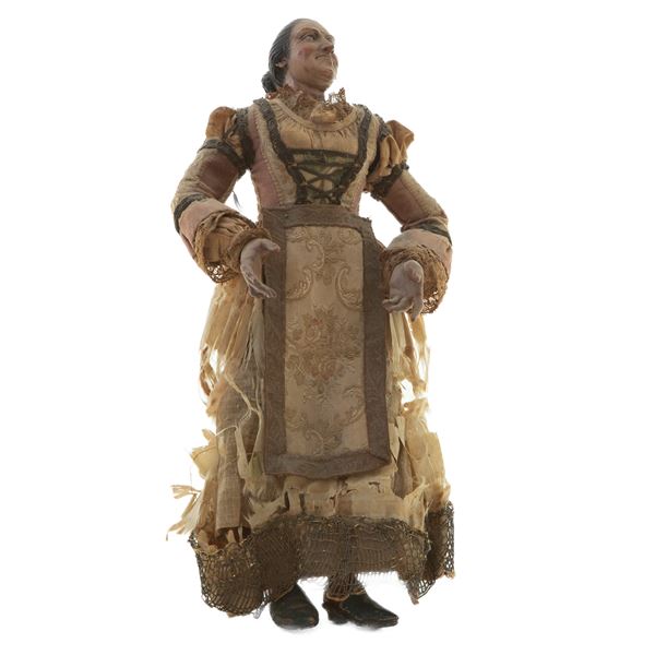 Popolana figura del presepe napoletano in ceramica e paglia