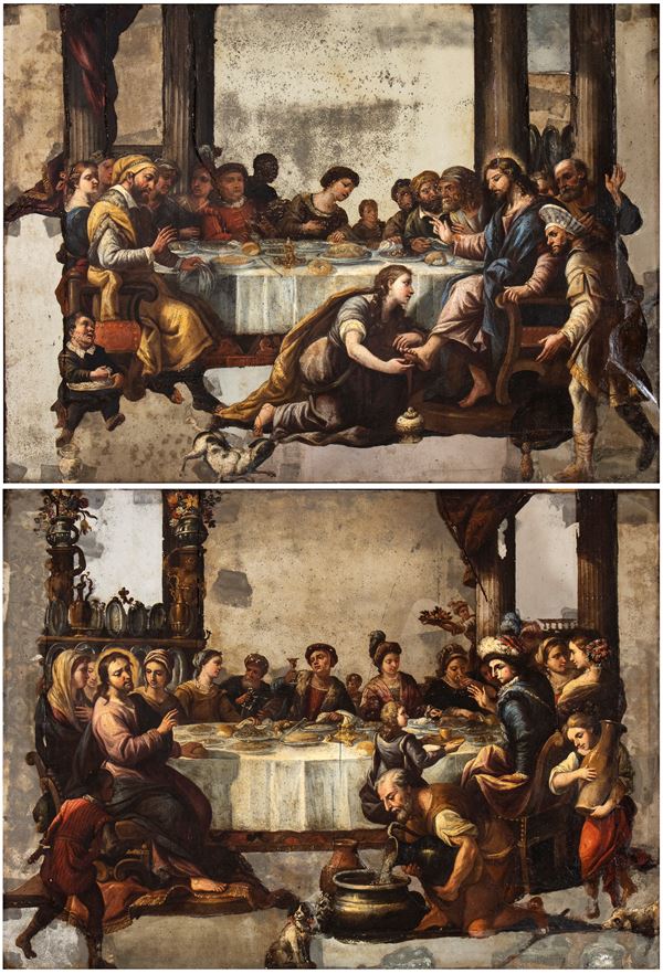 Luca Giordano - a) Cena in casa del Fariseo; b) le nozze di Canaan. Coppia di dipinti