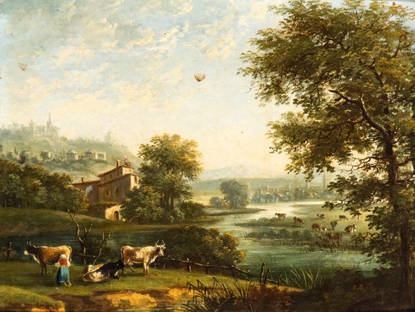 Artista italiano, prima met&#224; XIX secolo - Paesaggio con fiume, cittadella sullo sfondo, armenti e figura 