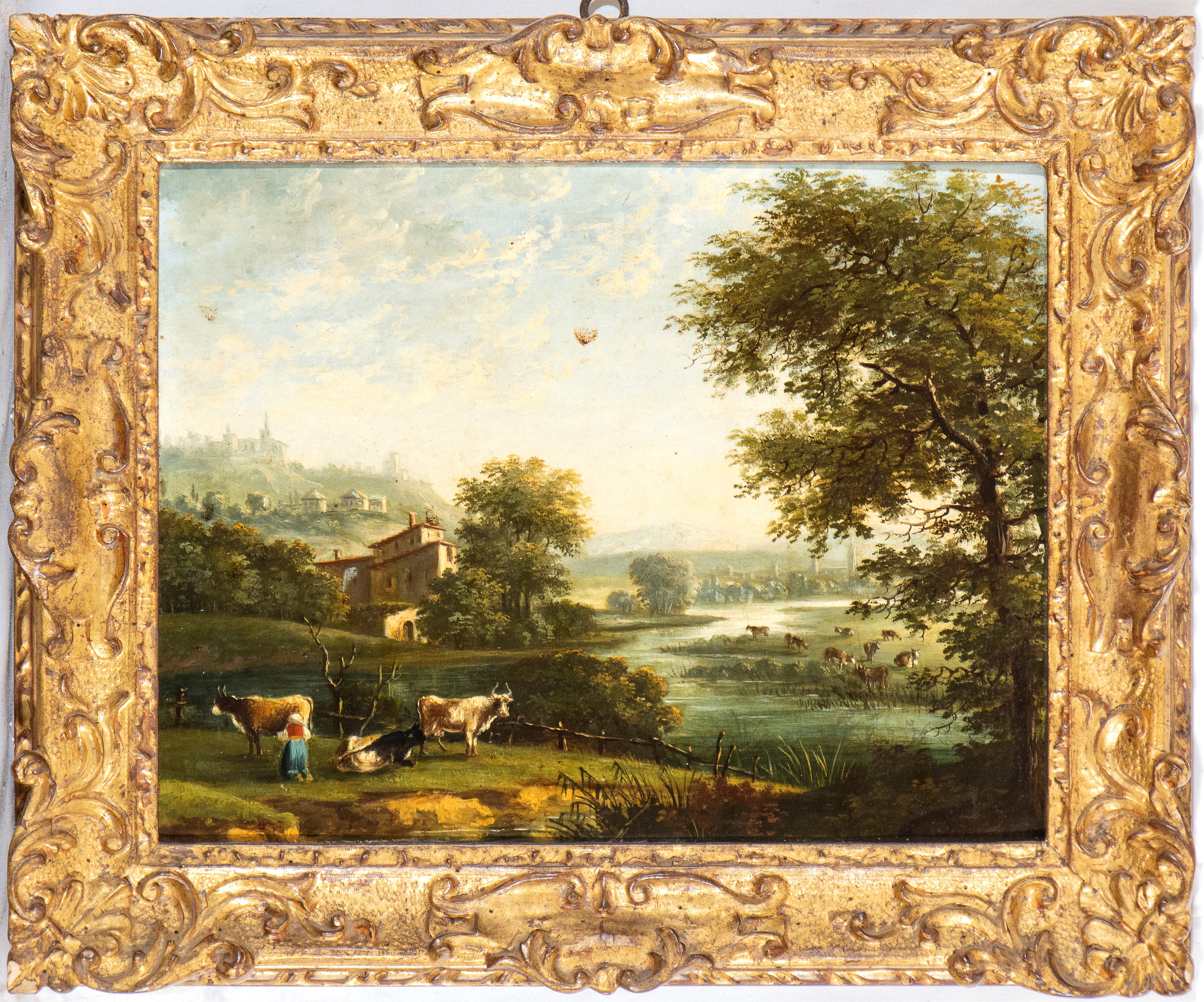 Artista Italiano, Metà XIX Secolo - Paesaggio con Fiume, Cittadella sullo Sfondo, Armenti e Figur...