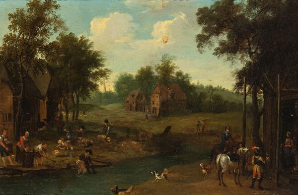 Artista olandese, XVIII secolo - Landscape with stream, village and figures