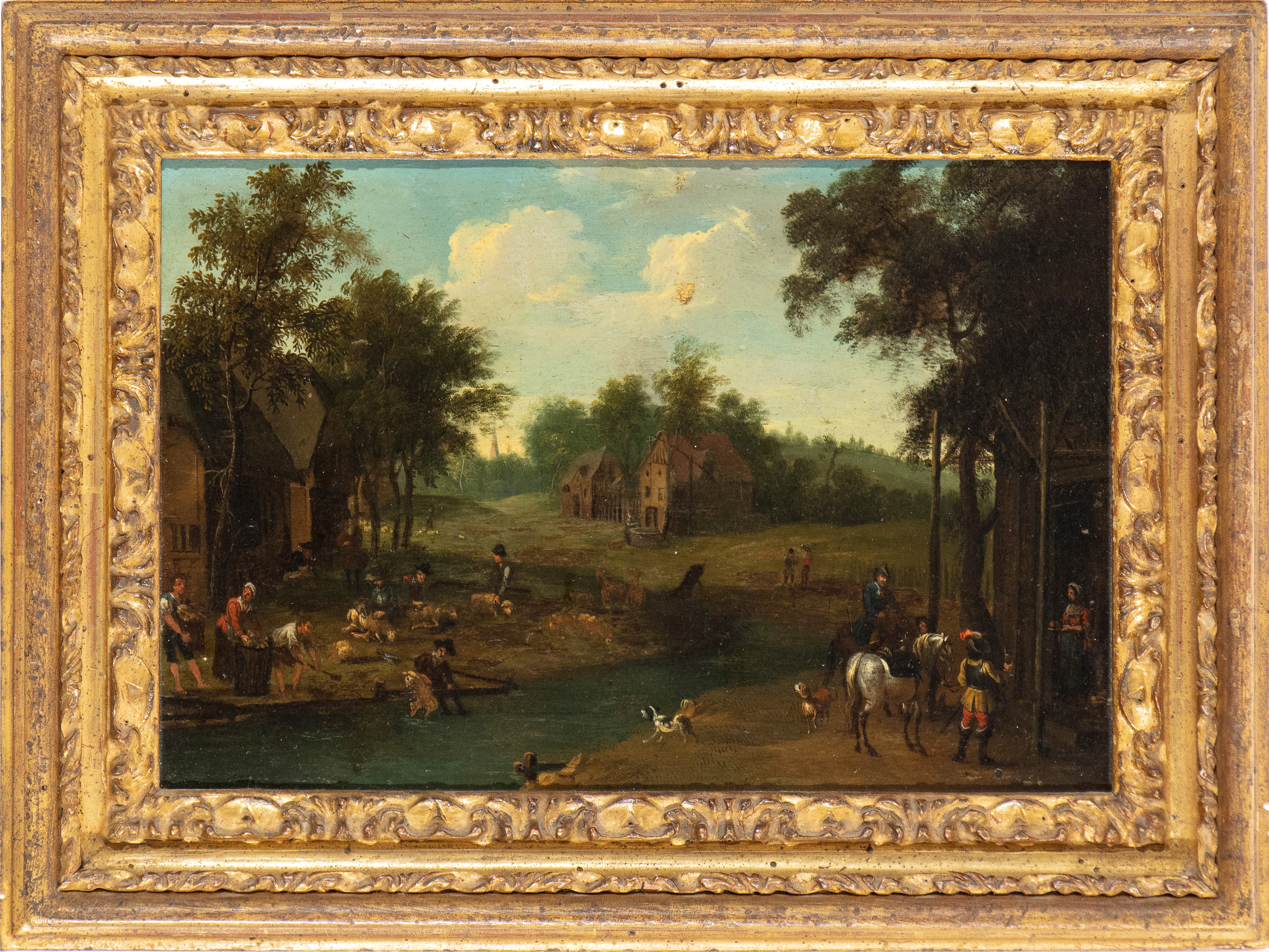 Artista Olandese, XVIII Secolo - Paesaggio con Ruscello, Villaggio e Figure