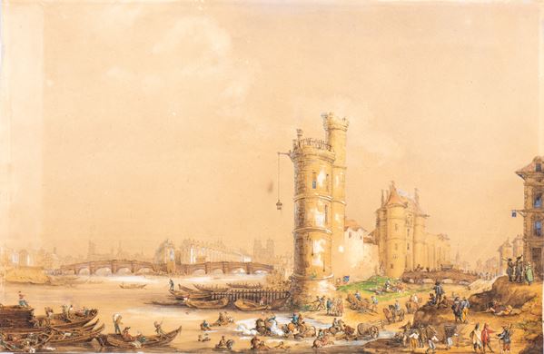 Artista olandese, XVIII secolo - Veduta di Parigi con il Pont Neuf e Notre Dame sullo sfondo