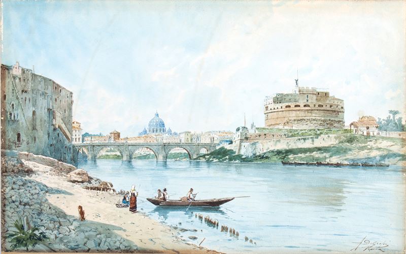 Adelchi De Grossi - Veduta di Castel Sant'angelo e di San Pietro dalla Riva del Tevere