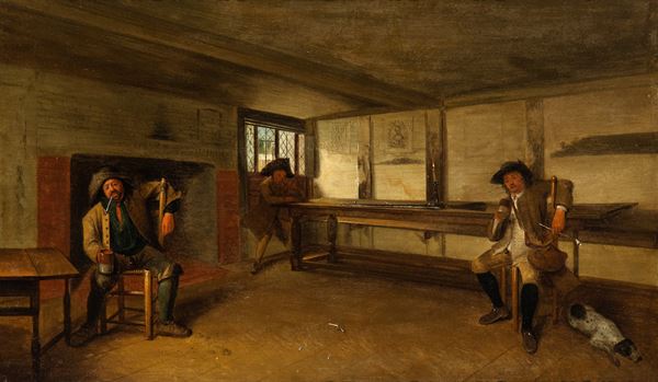 Artista olandese, XIX secolo - Interior of tavern with resting hunters