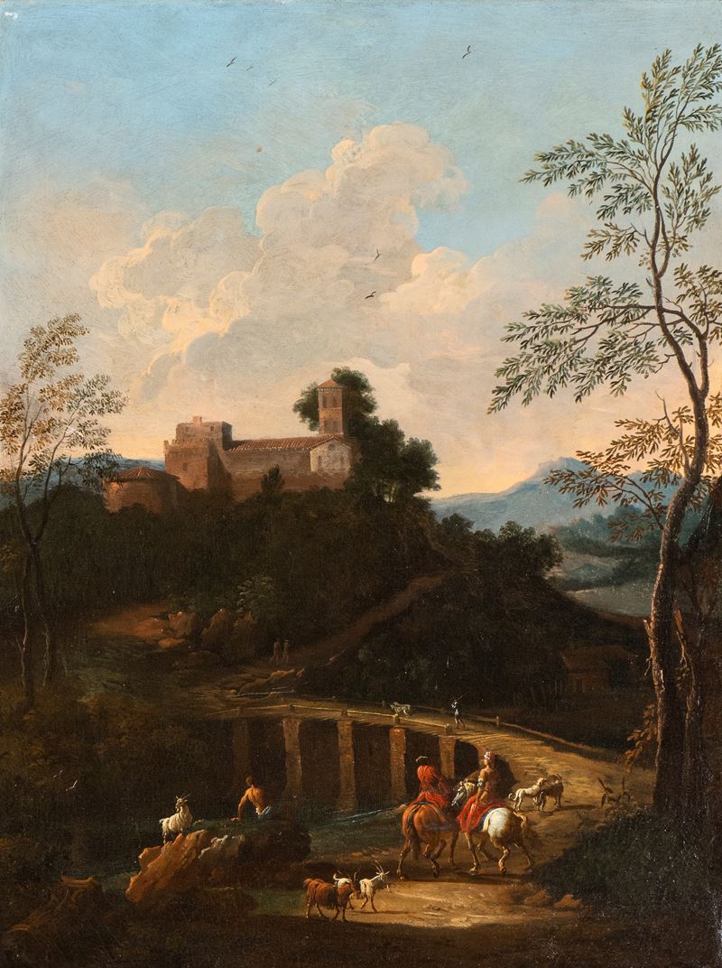Artista Attivo a Roma, Prima Metà XVIII Secolo - Paesaggio con Ponte, Cavalieri, Pastori e Arment...