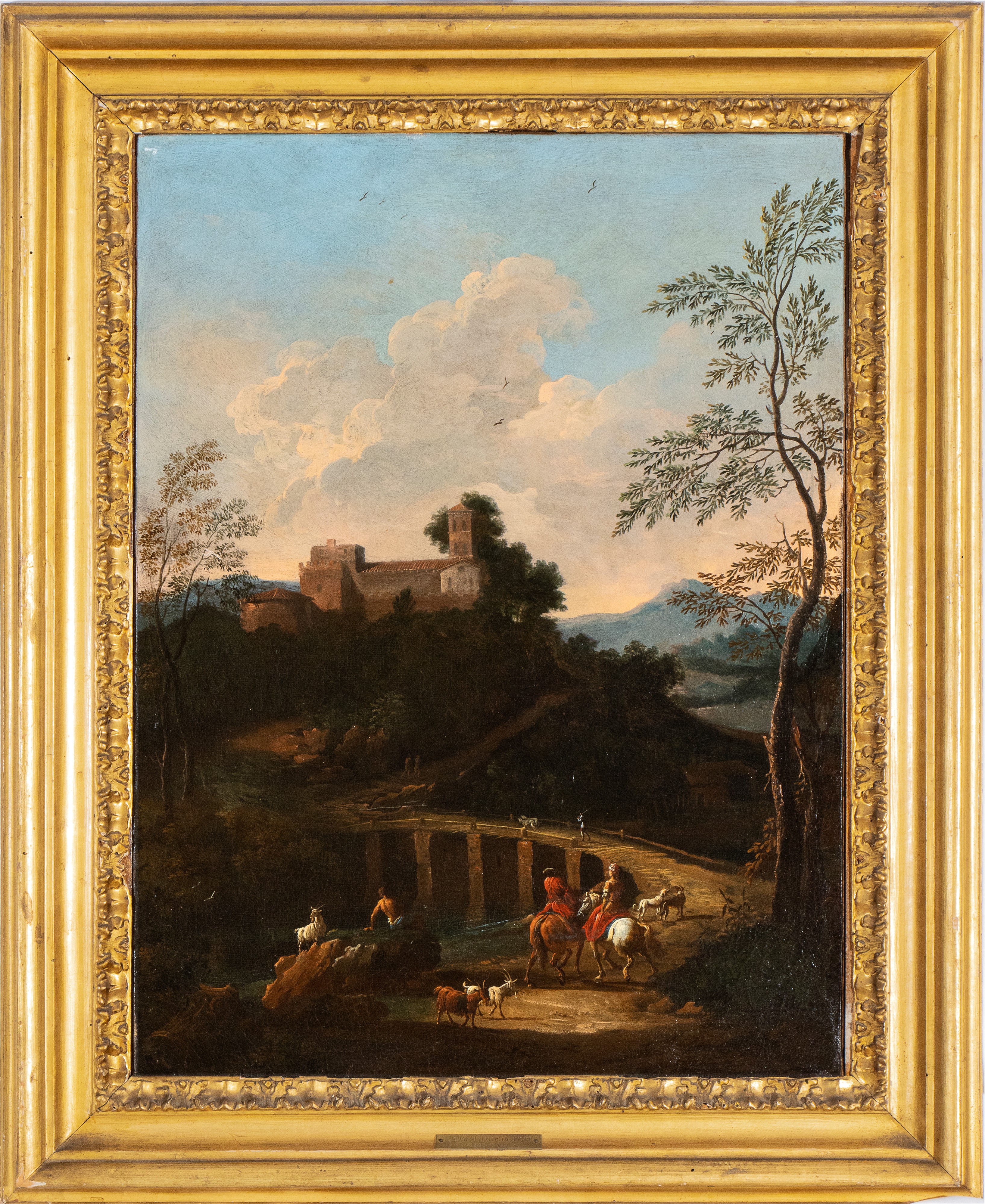 Artista Attivo a Roma, Prima Metà XVIII Secolo - Paesaggio con Ponte, Cavalieri, Pastori e Arment...