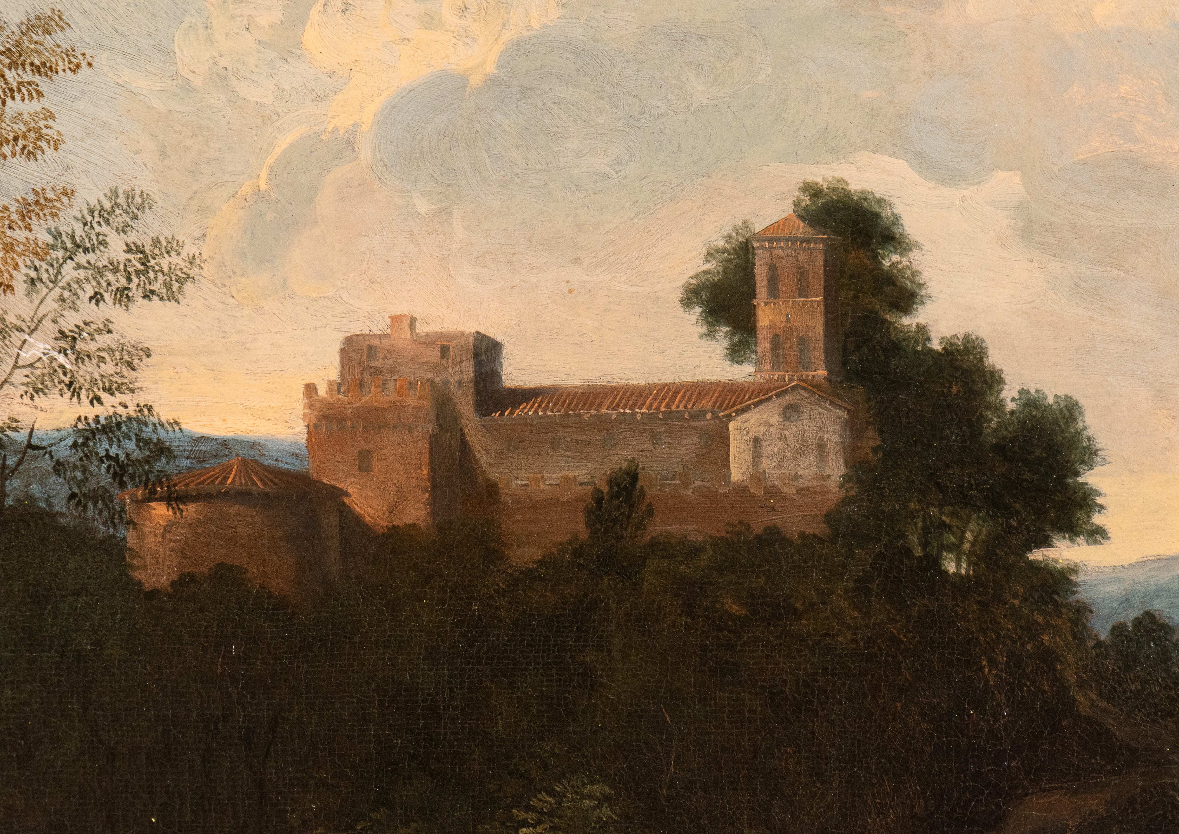 Artista Attivo a Roma, Prima Metà XVIII Secolo - Paesaggio con Ponte, Cavalieri, Pastori e Arment...