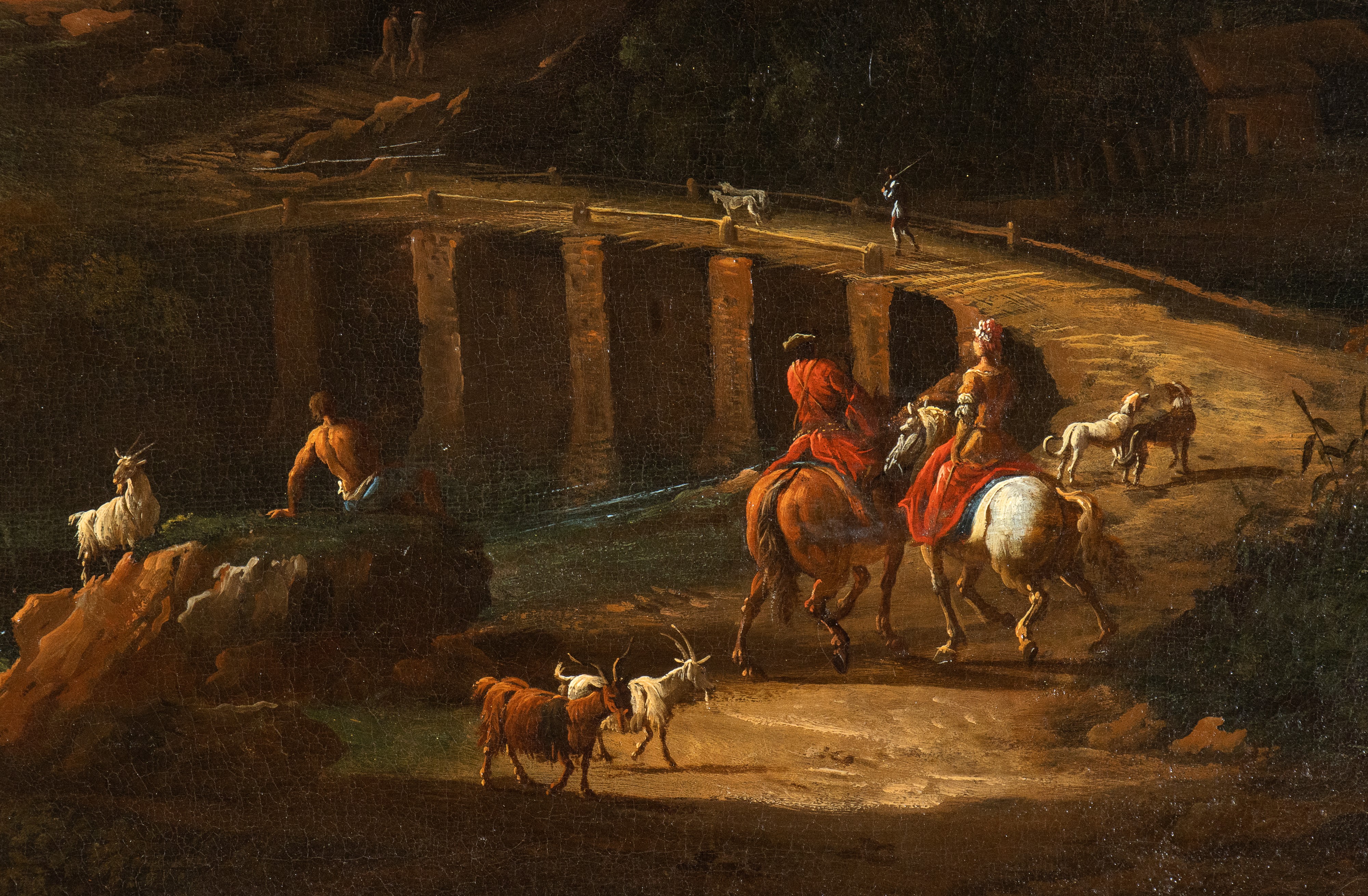 Artista Attivo a Roma, Prima Metà XVIII Secolo - Paesaggio con Ponte, Cavalieri, Pastori e Arment...