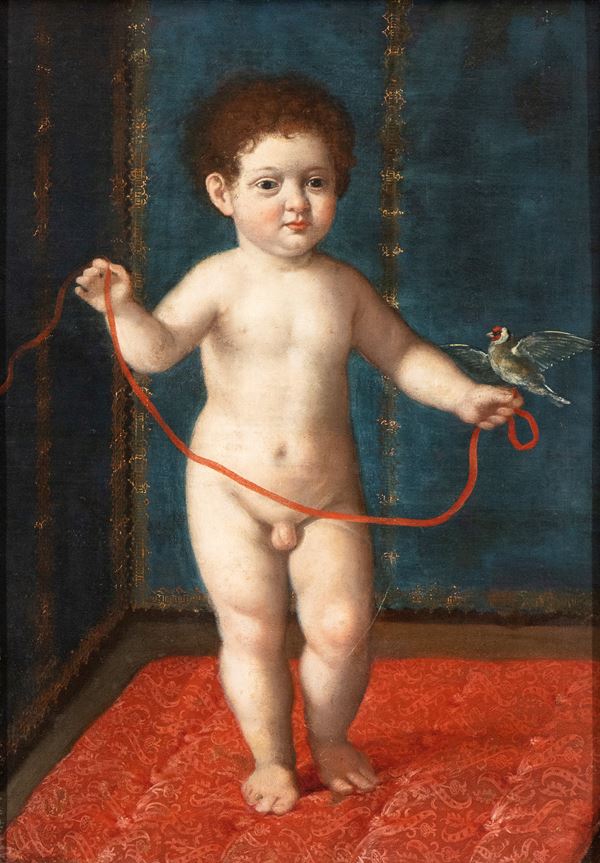Artista francese, XVII secolo - Boy with red ribbon and goldfinch