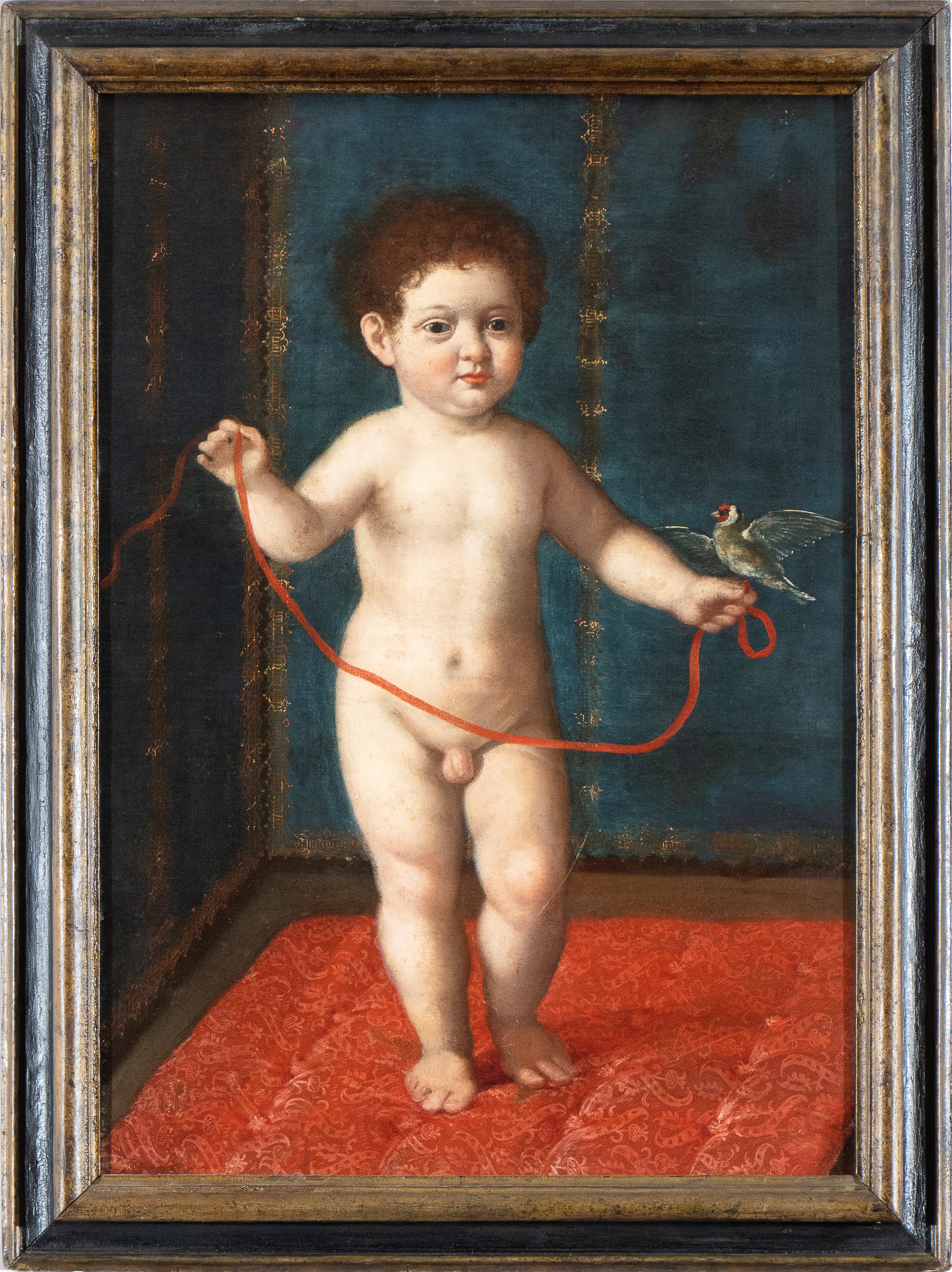 Artista Francese, XVII Secolo - Fanciullo con Nastro Rosso e Cardellino