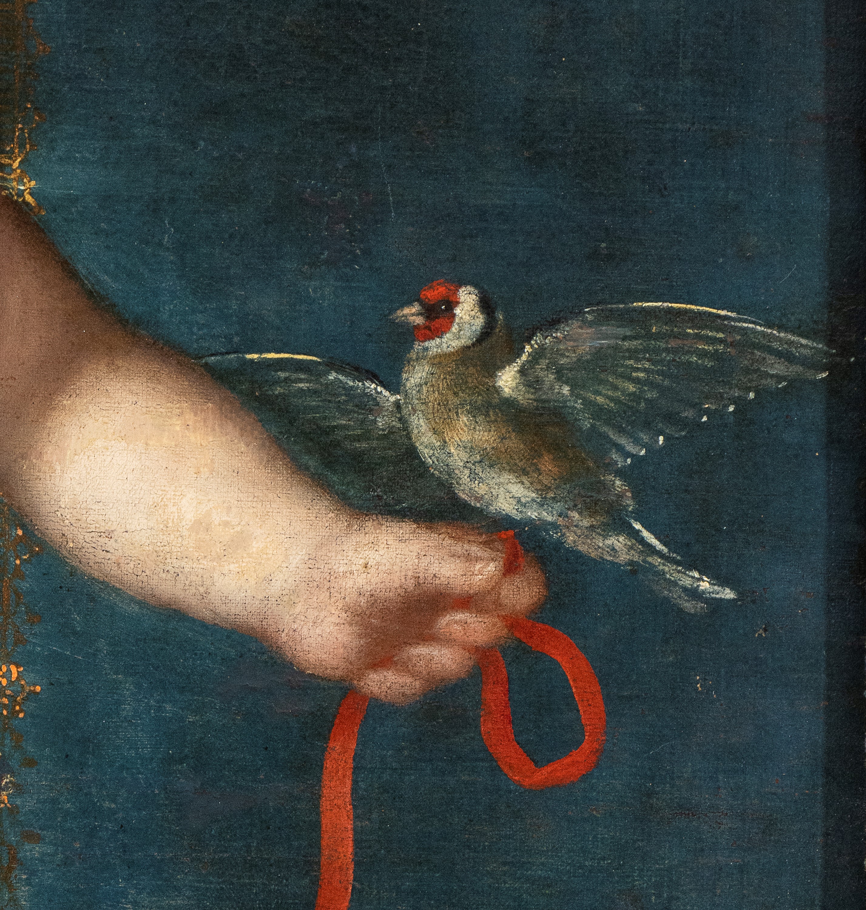 Artista Francese, XVII Secolo - Fanciullo con Nastro Rosso e Cardellino