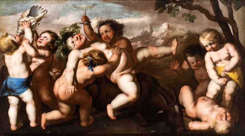 Artista Napoletano, XVII Secolo - Baccanale di Putti in un Paesaggio