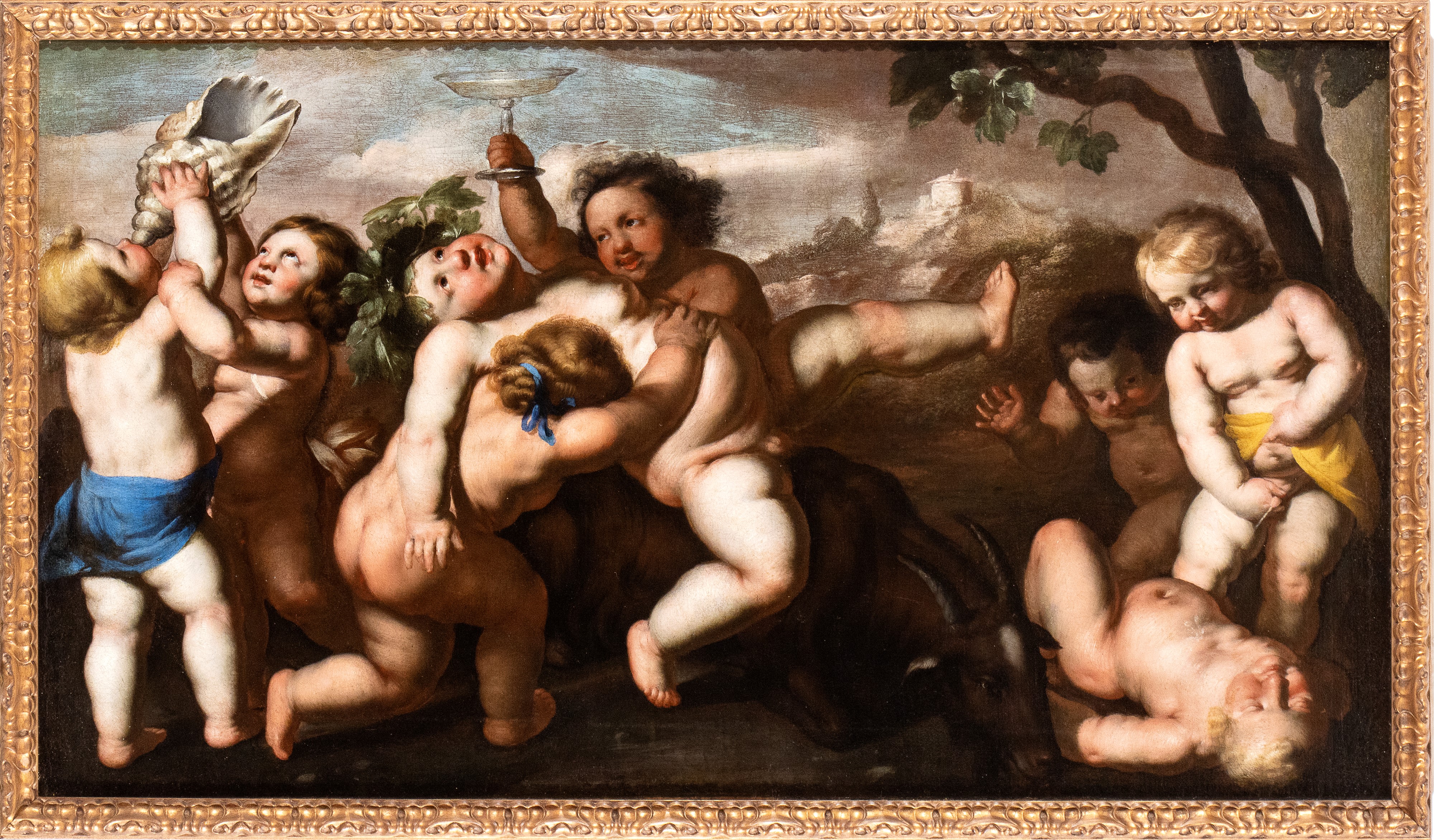 Artista Napoletano, XVII Secolo - Baccanale di Putti in un Paesaggio