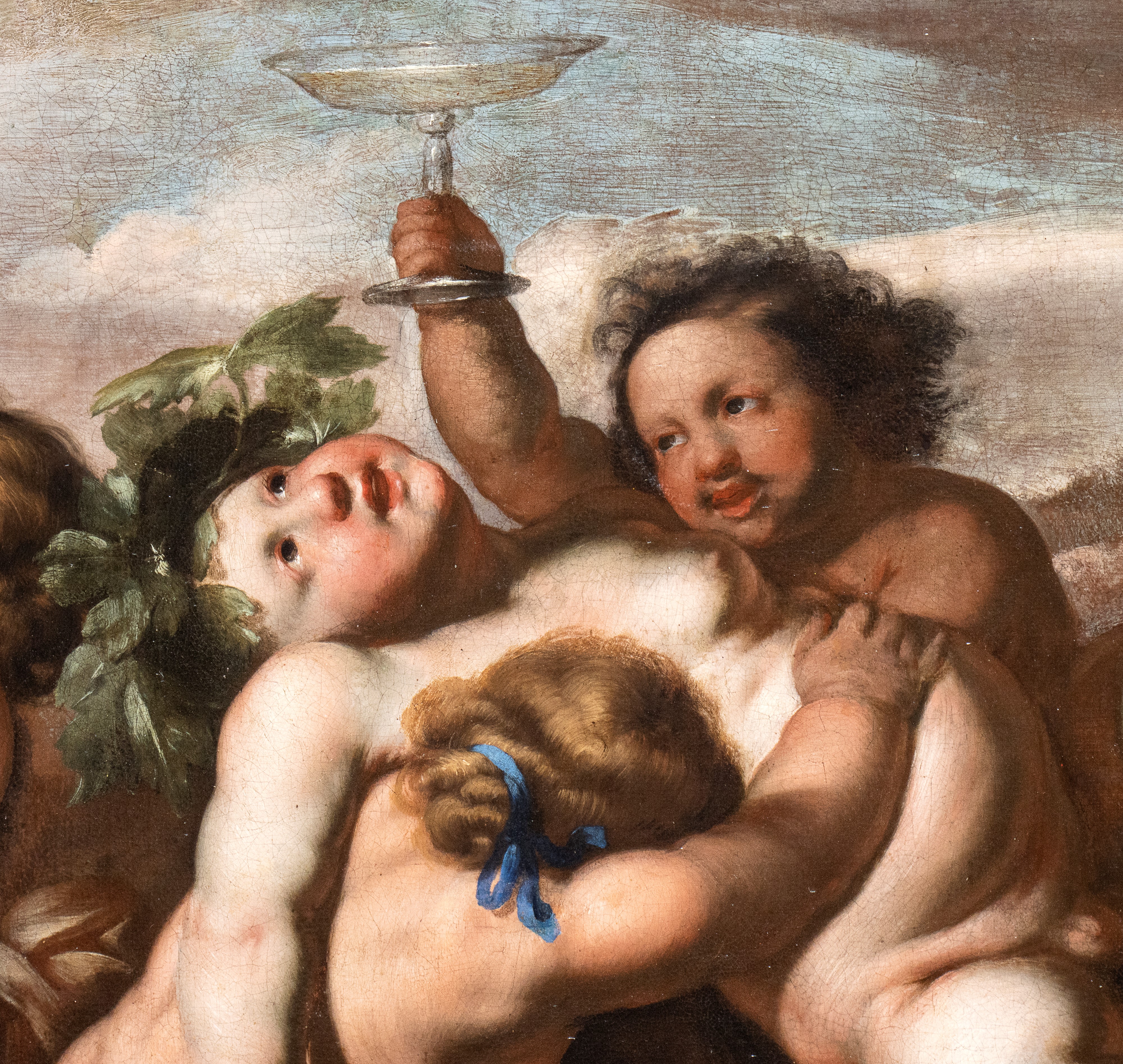 Artista Napoletano, XVII Secolo - Baccanale di Putti in un Paesaggio